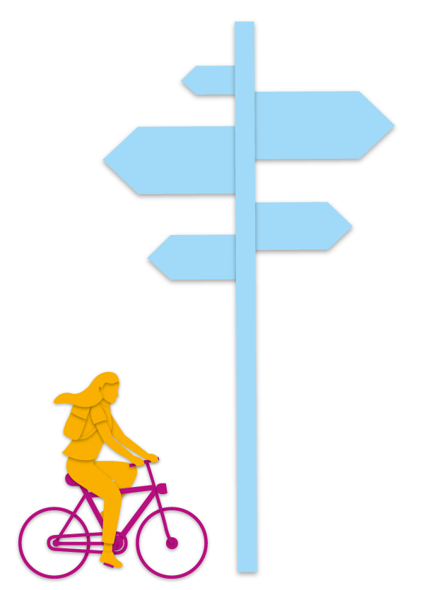 Frau auf dem Fahrrad neben einem Schild